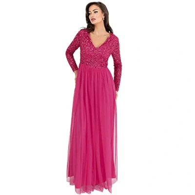 Abbildung von Maya Deluxe Damen Womens Ladies Dress Sleeve for Wedding Guest V Neck High Empire Waist Maxi Long Length Evening Bridesmaid Prom Kleid, Fuschia, 48