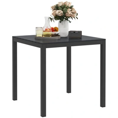 Abbildung von Outsunny Gartentisch Aluminium 73x73 cm Wetterfest Buffettisch mit Holzoptik, Campingtisch für 4 Personen rutschfest Balkontisch Outdoor Esstisch Garten, Terrasse Balkon Schwarz