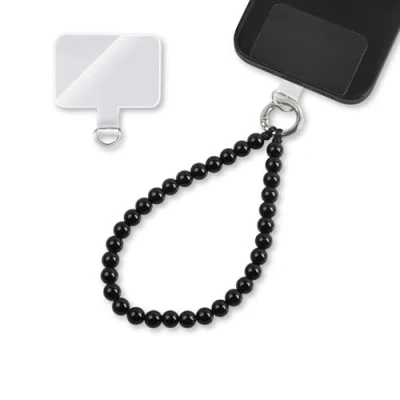 Abbildung von GD GOOD.designs Handykette mit schwarzen Perlen kurz Universal Handy Handschlaufe inkl. Patch für jede Hülle Lanyard Handyband zum Umhängen (Länge 24cm)