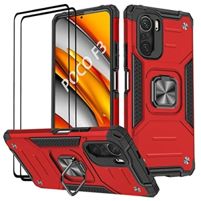 Abbildung von KANSi Hülle kompatibel für Xiaomi Poco F3 ｜ Mi 11i, Schutzfolie [2 Stück] Silikon TPU Hart PC Handy Hüllen 360 Grad Drehbar Ringhalter Bumper Stoßdämpfung Schutzhülle Rote