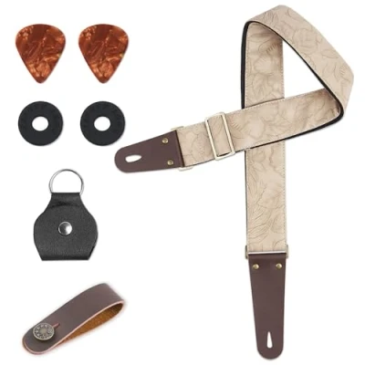 Abbildung von Czzmy Gitarrengurt, Verstellbarer Gitarren Gurt Gitarrenband Guitar Strap mit Lederenden Plektrum Knöpfe Gitarrenhals für E Gitarre Akustikgitarre Bass(1 Weiß geschnitzt)