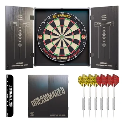 Abbildung von Target Darts Dimitri Van den Bergh Cabinet &amp; Dartboard Set Spieler Edition DVB Schrank mit 2 Sets Steel Dart Dartpfeilen, Score Charts, Wurf Standardlinie für Wettkämpfe