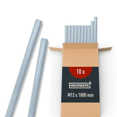 Abbildung von HELPMATE Gewindestange M12 x 1000 mm aus verzinktem Stahl 10 Stück Gewindestab mit metrischem Vollgewinde Gewindestift Festigkeitsklasse 4.8, DIN 976