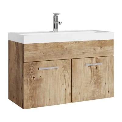Abbildung von Badezimmer Badmöbel Set Paso 01 80cm Waschbecken Eiche Kastanie Unterschrank Schrank Waschtisch