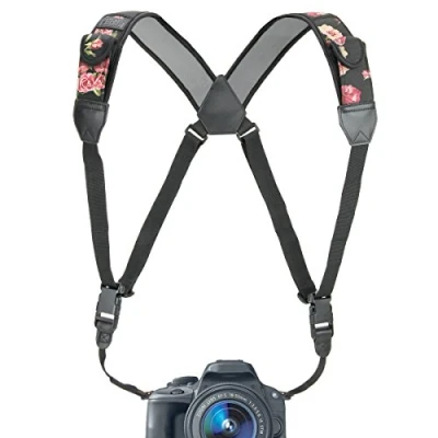 Abbildung von USA Gear DSLR Kameragurt Brustgurt mit Schnellverschlüssen, Neopren Blumenmuster und Zubehörtaschen Kompatibel Canon, Nikon, Sony anderen spiegellosen Kameras