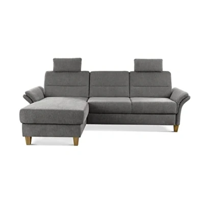 Abbildung von CAVADORE Ecksofa Wyk mit Federkern / Schlafsofa im Landhaus Stil Longchair, Bett, Bettkasten, Armteilfunktion + 2 Kopfstützen 252 x 90 162 Chenille, Grau