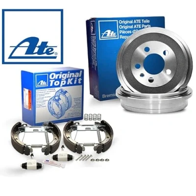 Abbildung von Original 2 Bremstrommeln Bremsbackensatz Topkit Vormontiert Hinten von ATE (1420 52226) Bremsanlage Bremstrommeln, Trommelbremse, Bremstrommel Set, Bremstrommelsatz