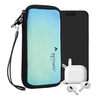 Abbildung von kwmobile Handytasche für Smartphones XL 6,7/6,8&quot; Neopren Handy Tasche Hülle Cover Case Schutzhülle Smile Herz Blau Türkis 17,2 x 8,4 cm Innenmaße