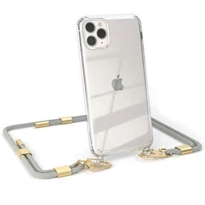 Abbildung von EAZY CASE kombinierbare Handyketten kompatibel mit iPhone 11 Pro Max, Transparente Silikon Hülle stylischen rundem Umhängeband, abnehmbar durch Karabiner, Gurt zum wechseln, Taupe Clips Gold