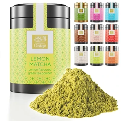 Abbildung von Tea Uniqo Zitrone Matcha Tee Pulver Ideal zum Trinken, für Eis, Latte, Shakes, Backen oder Kochen Japanischer Grüntee mit Lemon Geschmack, ohne künstliche Farbstoffe in edler Dose