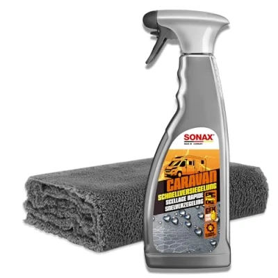Abbildung von autopflege Wohnmobil Versiegelung Set Sonax Caravan Schnellversiegelung 750ml + Poliertuch 550GSM randlos und Schutz für alle äußeren Oberflächen an Wohnwagen
