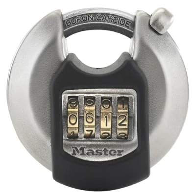 Abbildung von MASTER LOCK 70 mm breites, verzinktes Excell Disc Schloss mit verdecktem Bgel individuell einstellbare Zahlenkombination, Herkömmliches Vorhängeschloss, Zahlenschloss, Schwarz, Edelstahl, 4 Ziffern, 7 cm
