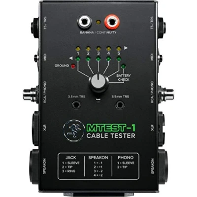 Abbildung von Mackie MTest 1 Kabeltester mit 6 poligem Schalter und 7 Anschlusstypen: 6,3 mm TRS TS , 3,5 XLR Cinch Speakon MIDI Bananenstecker