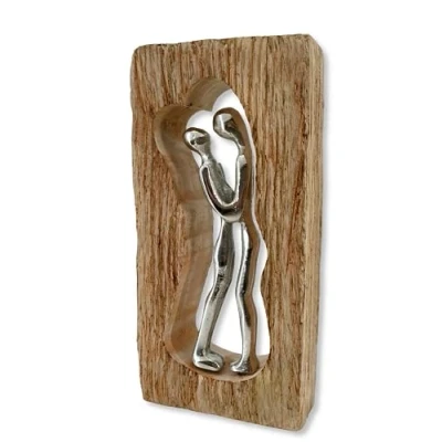 Abbildung von Holz und Metall Figur Liebespaar im Holzrahmen Umarmung 12 x 25cm Metallskulptur Dekofigur Tisch Deko