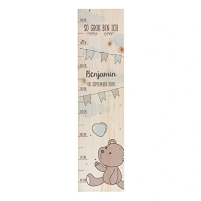Abbildung von Striefchen® Messlatte für Kinder mit Namen aus Holz Kinderzimmer niedlichen Motiven Messleiste Teddy Blau