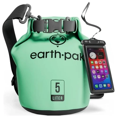 Abbildung von Earth Pak Dry Bag Wasserdichter Packsack mit Schultergurt und wasserfester Handyhülle Ideale Rolltop Tasche beim Kajak Fahren, Wandern, Camping, Bootfahren Rafting (Meerschaumgrün,5L)