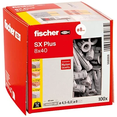 Abbildung von Fischer 568008, Spreizdübel, Autoklaven Porenbeton, Mauerziegel, Beton, Gipsfaserplatten, Mauerwerk, Nylon, Grau, Deutschland, 8 mm