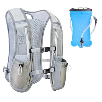 Abbildung von UTOBEST Trinkrucksack 5L, Laufweste, Herren Damen Ultraleicht Laufrucksack für Laufen, Marathon, Jogging, Radfahren (mit 1.5L Trinkblase, Grau