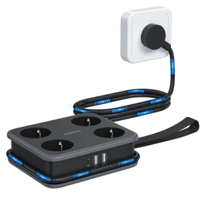 Abbildung von Steckdosenleiste mit USB C NTONPOWER Mehrfachsteckdose 4 Fach 1,6 Meter Verteilersteckdose Wandmontage, Schwarz