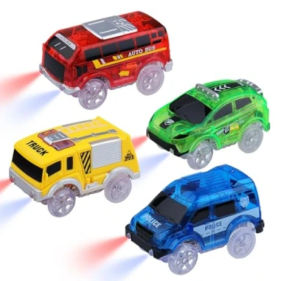 Abbildung von sikkeby Tracks Cars Ersatz nur Magic Toy Glow in The Dark, Auto Track Rennwagen mit 5 blinkenden LED Lichtern Kompatibel den meisten Kinder, Jungen und Mädchen (4 Pack)