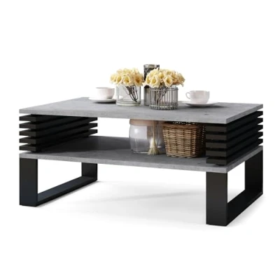 Abbildung von All4All Kleiner Couchtisch Goki Kaffeetisch Wohnzimmertisch Loft Stil Tisch mit Lamellen kompakte Größe 90x60cm 05 Beton Millenium + Schwarz