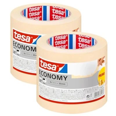 Abbildung von tesa Malerband ECONOMY Vielseitiges Klebeband für Malerarbeiten ohne Lösungsmittel Bis zu 4 Tage nach Gebrauch rückstandslos entfernbar (50m x 30mm 3 Rollen, 2er Pack)