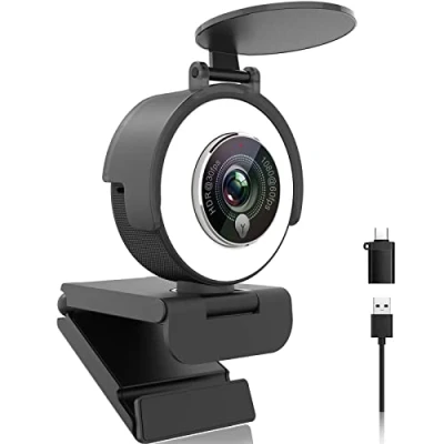 Abbildung von Angetube 1080p Webcam mit Ringlicht für Streaming: USB 60FPS Webkamera Mikrofon HDR fähig HD Auto Lichtkorrektur, einstellbarem FOV, Teams, Zoom, PC/Laptop/Mac/Desktop
