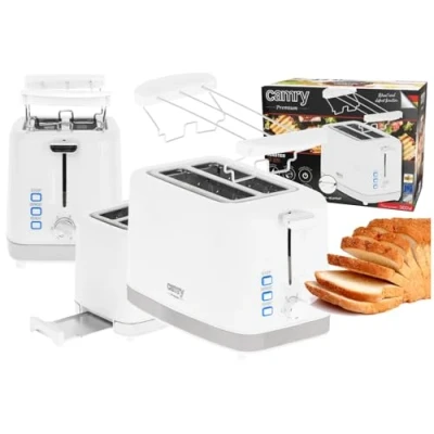 Abbildung von Camry Toaster CR 3219, 2 kurze Schlitze, 900,00 W, mit Brötchenaufsatz, Auftaufunktion, Aufwärmfunktion, 6 Stufen, weiß