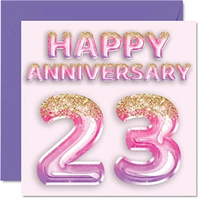 Abbildung von Stuff4 Hübsche Karte zum 23. Jahrestag für Ehefrau, Freundin, Ehemann, Freund, rosa lila Glitzerballons Happy 23 Jahrestagskarten aus der Familie, 145 mm x Grußkarten Jubiläen