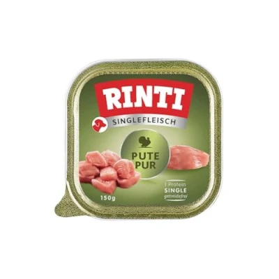 Abbildung von Rinti Singlefleisch Nassfutter für Sensible, ausgewachsene Hunde mit 100% Putenfleisch. Alleinfutter in Schälchen ohne Getreide, Kohlenhydrate und künstliche Zusätze 10x150g Pute Pur