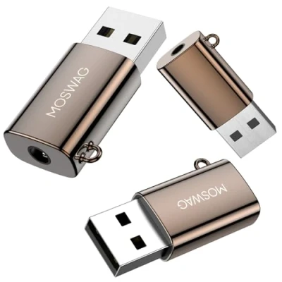 Abbildung von MOSWAG USB auf 3,5 mm Klinke Audio Adapter, Zink Legierung Externe Soundkarte Aux Stereo Konverter kompatibel mit Kopfhörer, PC, Laptop, Linux, Desktop, PS4 und andere Geräte