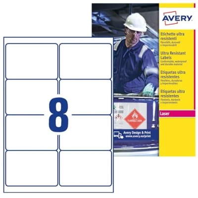 Abbildung von AVERY Zweckform L7914 10 Strapazierfähige Folienetiketten (80 Aufkleber, 99,1x67,7mm auf A4, extrem stark selbstklebend, für schwierige Oberflächen, bedruckbare Outdoor Klebefolie) Blatt, weiß