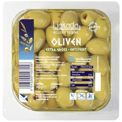 Abbildung von usy Bundle für Liakada Grüne Oliven Extra Groß entsteint (200g Packung) + Block