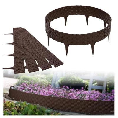 Abbildung von GARDENIX Rattan Rasenkante Kunststoff Beetumrandung Rattanoptik, 3.2m Gartenpalisade Holz, Beeteinfassung Braun, 4 Module, UV beständig Beetzaun, Vielseitig Einsetzbar