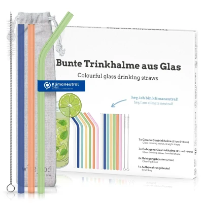 Abbildung von Glas Trinkhalm Set bunt: 14 Halme + 2 Bürsten