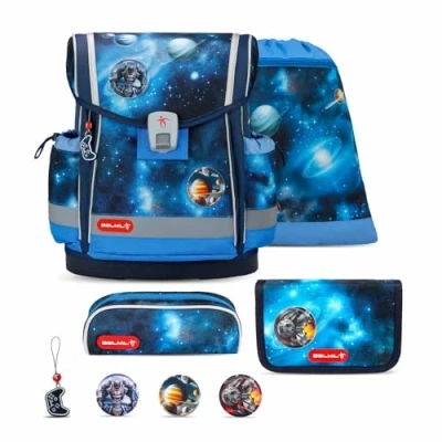 Abbildung von Belmil Classy Plus Schulranzen Set 5 teilig Galaxy Light mit Brustgurt, Magnetverschluss, Patch 3 Stück Schulrucksack