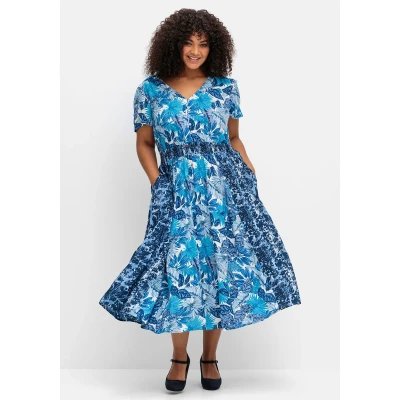 Abbildung von Sheego MIDI Blusenkleid, Damen, Größe: 44, Blau gemustert