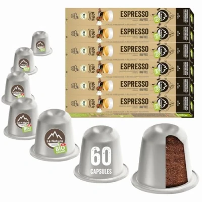 Abbildung von La Natura Lifestyle BIO KAFFEE ESPRESSO 100% Industriell Kompostierbare² Kaffeekapseln Umweltfreundlich 60 für Nespresso®3 Kapselmaschinen