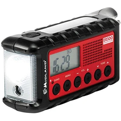 Abbildung von Midland ER300 multifunktionales Emergency Kurbel Radio, Powerbank, AM/FM Funkempfänger, Dynamo Taschenlampe, wiederaufladbare Akkus, USB Kabel, C1173