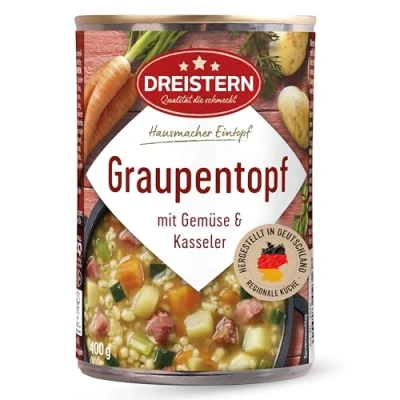 Abbildung von DREISTERN Graupentopf mit Gartengemüse 400g Leckerer Eintopf in der recyclebaren Konservendose extra viel Einlage