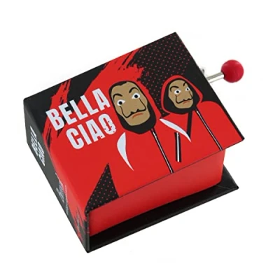 Abbildung von Spieluhr/Spieldose/Musikdose/Musikbox mit Handkurbel in Form eines illustrierten Pappbuchs 18 Ton Spielwerk Bella ciao