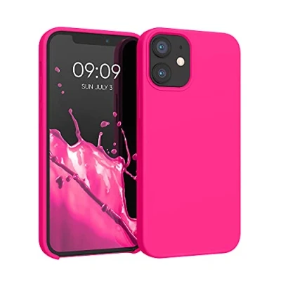 Abbildung von kwmobile Hülle kompatibel mit Apple iPhone 12 Mini Silikon Handy Case Handyhülle weiche Oberfläche kabelloses Laden Neon Pink