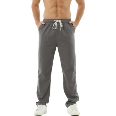 Abbildung von HOEREV Men Casual Strandhosen Leinen Hose Gr. L (Taille 36 38 zoll), Dunkelgrau