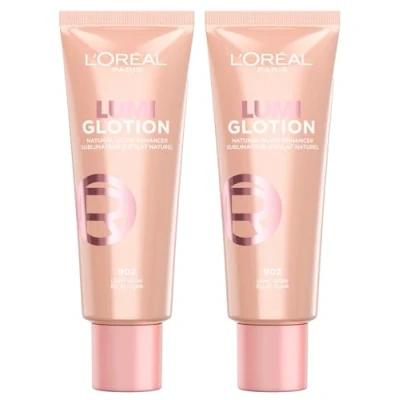 Abbildung von L&#039;Oréal Paris Lumi Glotion Aufhellende Flüssigkeit, belebt und befeuchtet Gesicht Körper für Haut mit natürlichem Glanz, Farbton 902 Light Glow 2 Flaschen à 40 ml