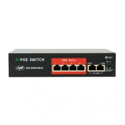 Abbildung von PNI Switch POE SWPOE42, 4 100 Mbit/s Ports und 2 UP Link Ports, 65 W, AI Extend Funktion bis zu 250 m, kV Blitzschutz