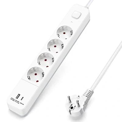 Abbildung von Aigostar Steckdosenleiste 4 fach mit Schalter, Mehrfachsteckdose 1 USB unt C Port (5V/2.4A), Verteilersteckdose 3 m Kabel