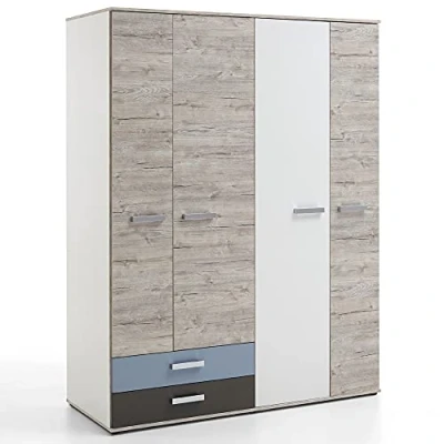 Abbildung von Lomadox Kleiderschrank LEEDS 10 Sandeiche Nb./weiß/Lava/Denim 149,5x193x59,7 cm