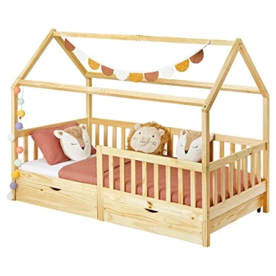 Abbildung von IDIMEX Hausbett NUNA aus massiver Kiefer, Montessori Bett in 90 x 200 cm mit Rausfallschutz, Spielbett Schubladen, modernes Kinderbett Dach Natur