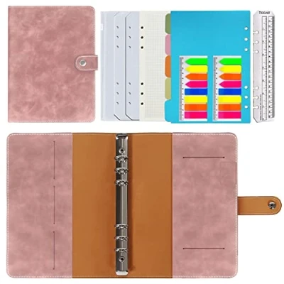 Abbildung von Ringbuch A5 Nachfüllbar,PU Leder Nachfüllbares Notizbuch Tagebuch Karierte Papier Echtleder Innentaschen für Reisearbeit und Organizer,Geschenk Mädchen, Jungen (Rosa 23x17cm)