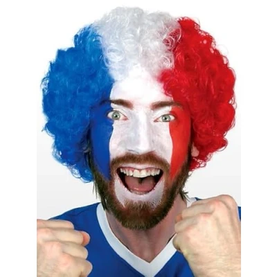 Abbildung von Perücke Frankreich blau weiß rot Fußball EM Fan Accessoire für diesen Sommer Locken aus Kunsthaar